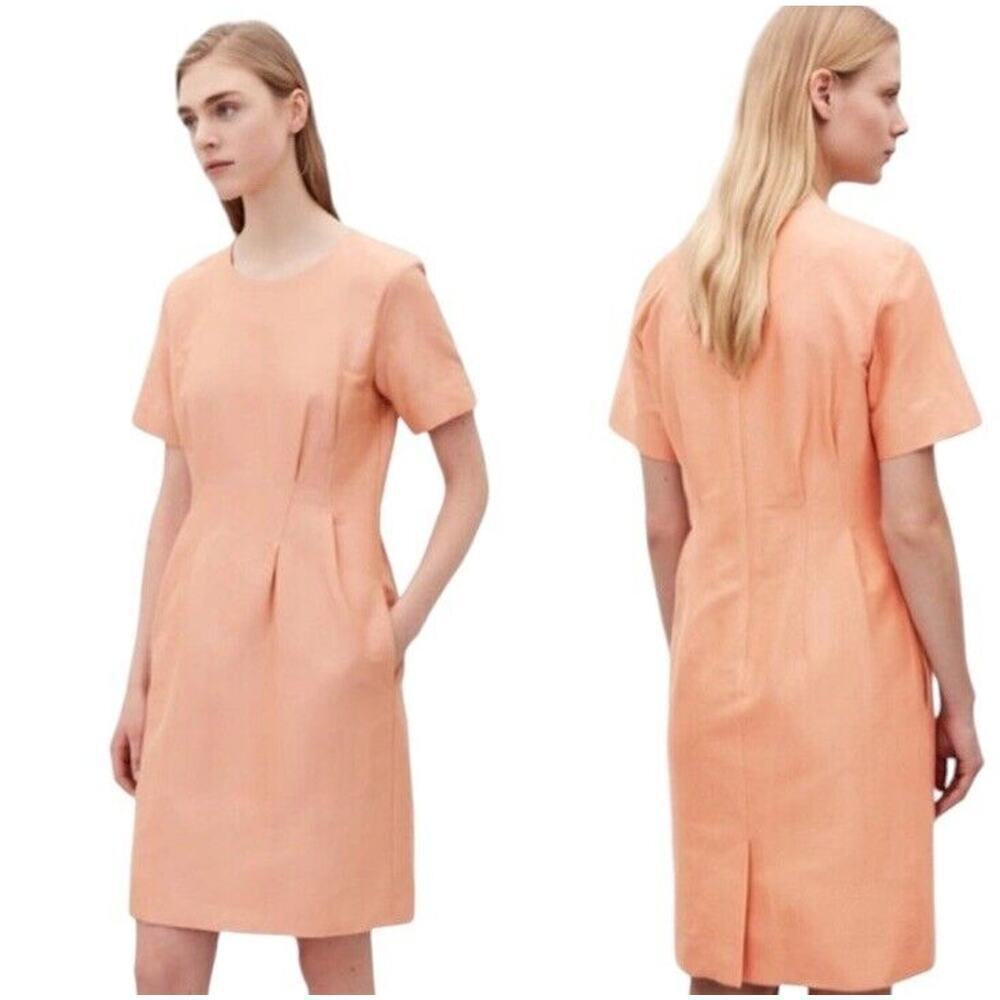 COS Silk Cotton Shift Dress Women Size 6 Peach Crew Neck Short Sleeve Minimalist